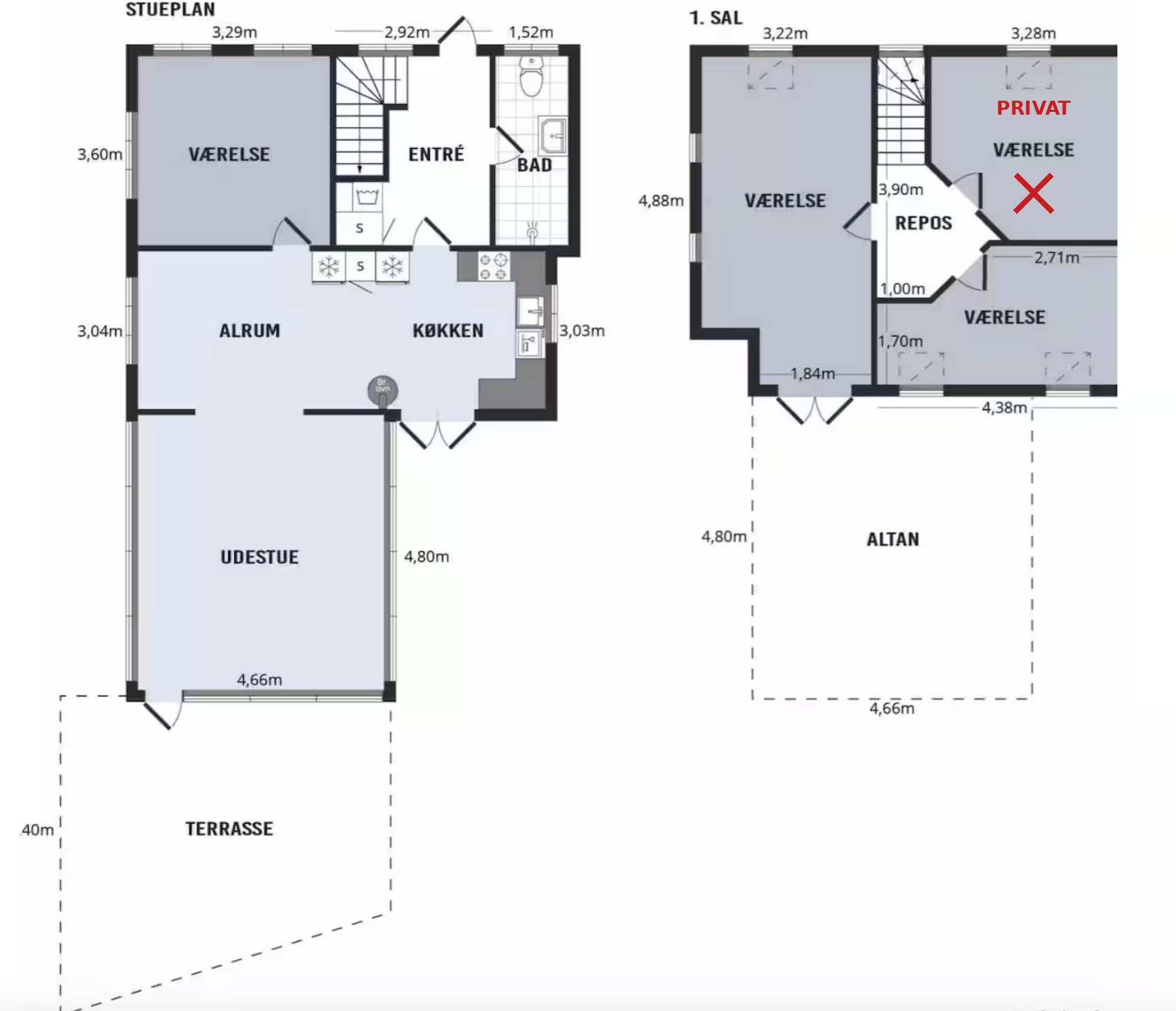 Plantegning af stueetage og 1. sal